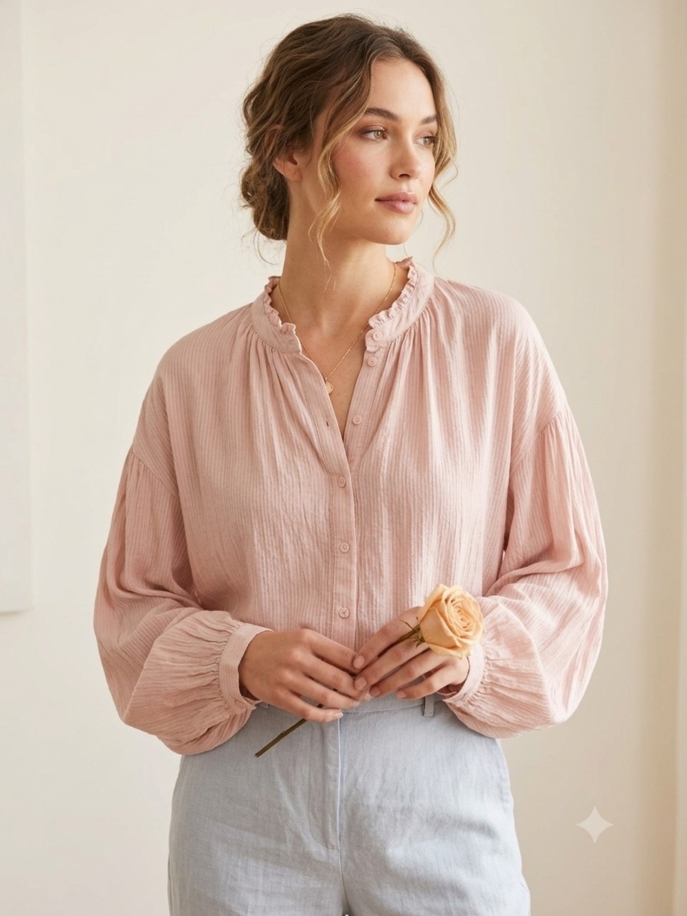 H&M Blush Pink Ruffled Neck Bishop Sleeve Blouse - Size 12 (L)